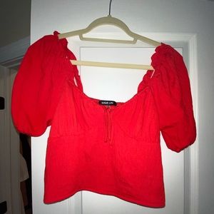 Red cropped, puffy sleeve top